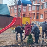 Владимир Суслин совместно с жителями высадил туи вокруг новой детской площадки